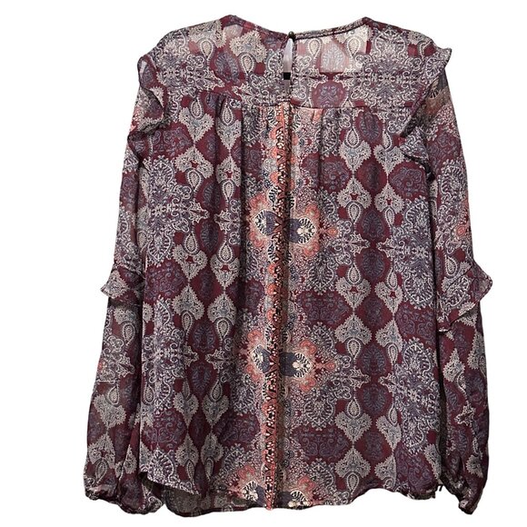 Knox Rose size XXL purple print semi sheer ruffles Boho long sleeve top - Picture 4 of 8